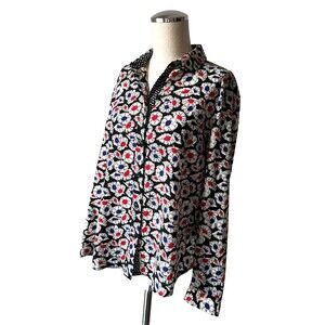 Jones New York Red Blue Black Floral Polka Dot Button-Front Blouse - Women's PL